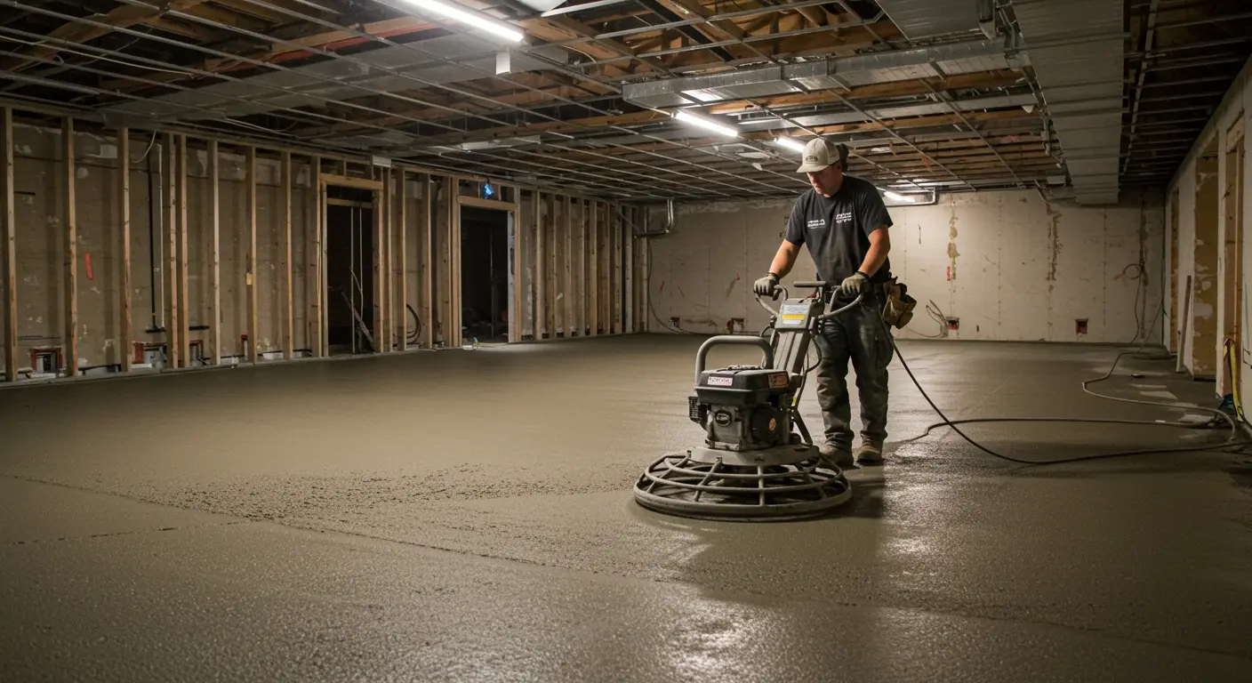 A worker uses a power float to smooth a newly poured concrete basement floor, with exposed wooden studs and overhead lighting visible in the unfinished space.