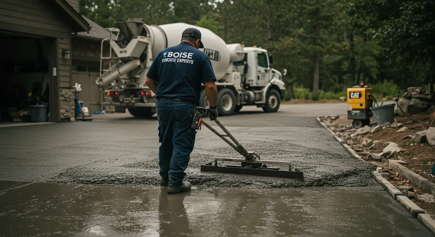 A construction worker from Boise Concrete Experts smooths freshly poured concrete on a residential driveway, with a cement mixer truck and construction equipment visible in the background.