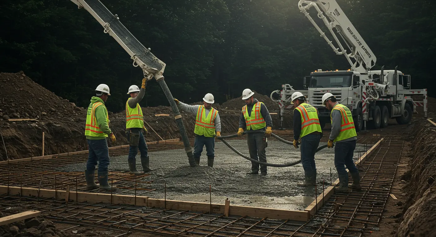 A team of construction workers from Boise Concrete Experts pours concrete over a rebar grid using a boom pump, preparing the foundation slab at a commercial construction site.