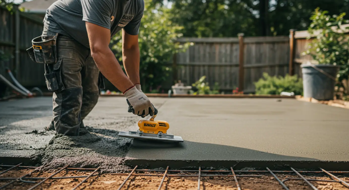 A concrete contractor in Boise, Idaho, is expertly smoothing a newly poured concrete patio, with rebar visible in the foreground.