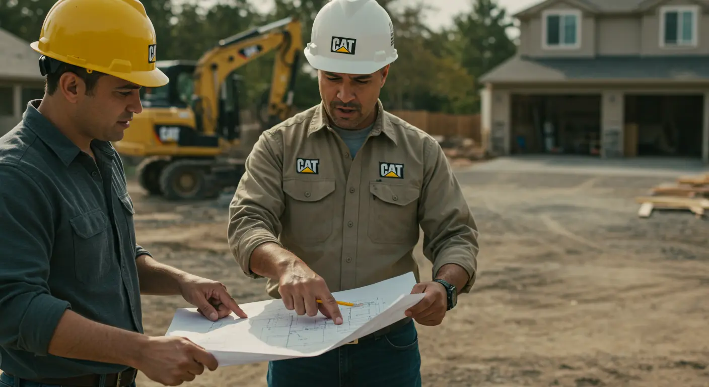 Project manager and homeowner reviewing concrete construction plans on-site in Boise, Idaho, with excavator and new home build in the background.
