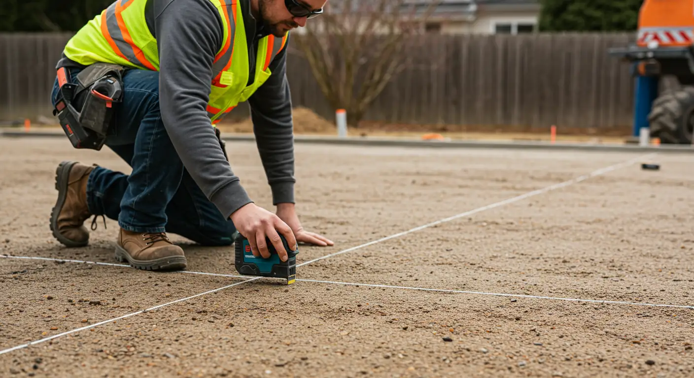 Construction worker in Boise marking ground measurements with a Bosch laser level during concrete slab preparation at a residential site.