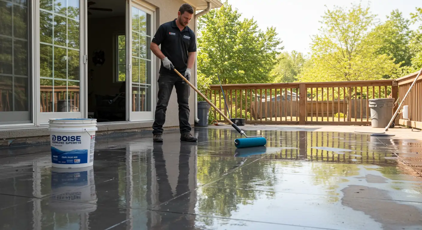 A professional applies a sealant to a shiny concrete patio in Boise, Idaho, using a roller on a long handle, with a bucket of "BOISE CONCRETE EXPERTS" product nearby.