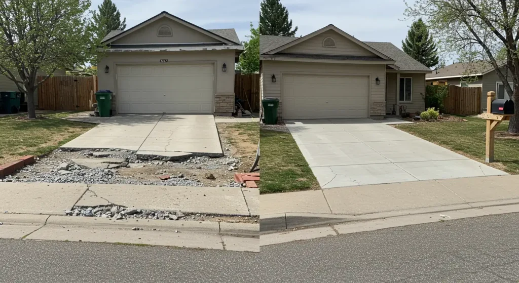 A side-by-side comparison shows a damaged and broken concrete driveway on the left, contrasted with a pristine, newly replaced concrete driveway on the right, both leading to the same residential house.