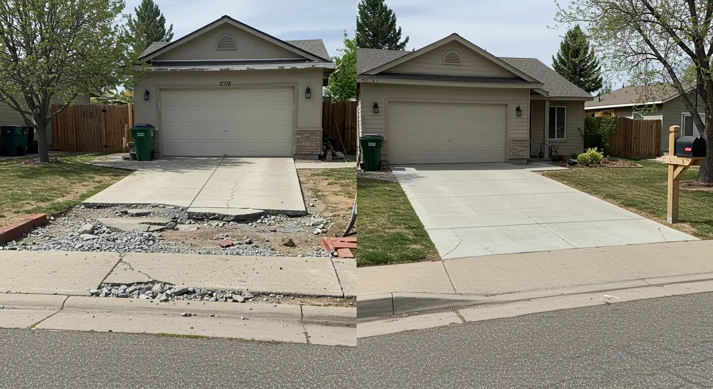 A side-by-side comparison shows a damaged and broken concrete driveway on the left, contrasted with a pristine, newly replaced concrete driveway on the right, both leading to the same residential house.