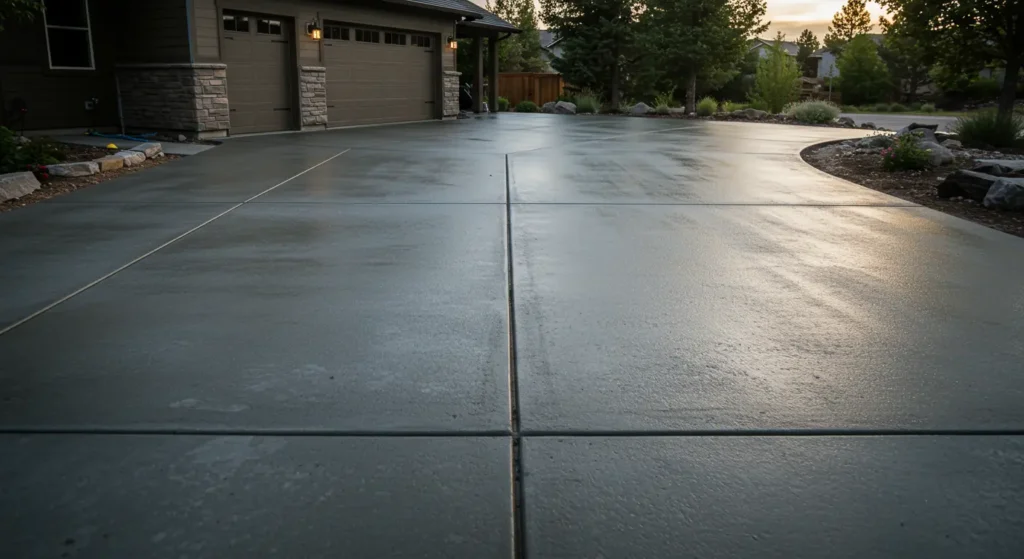 A large, smooth concrete driveway with visible control joints gleams under a soft light, leading to a house with a two-car garage and stone accents.
