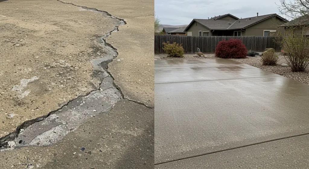 A before-and-after comparison shows a severely cracked and damaged concrete driveway on the left, contrasted with a smooth, repaired, and uniformly wet concrete driveway on the right.
