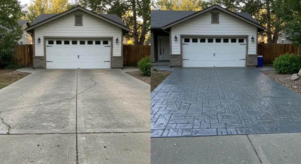 before and after stamped driveway in downtown boise