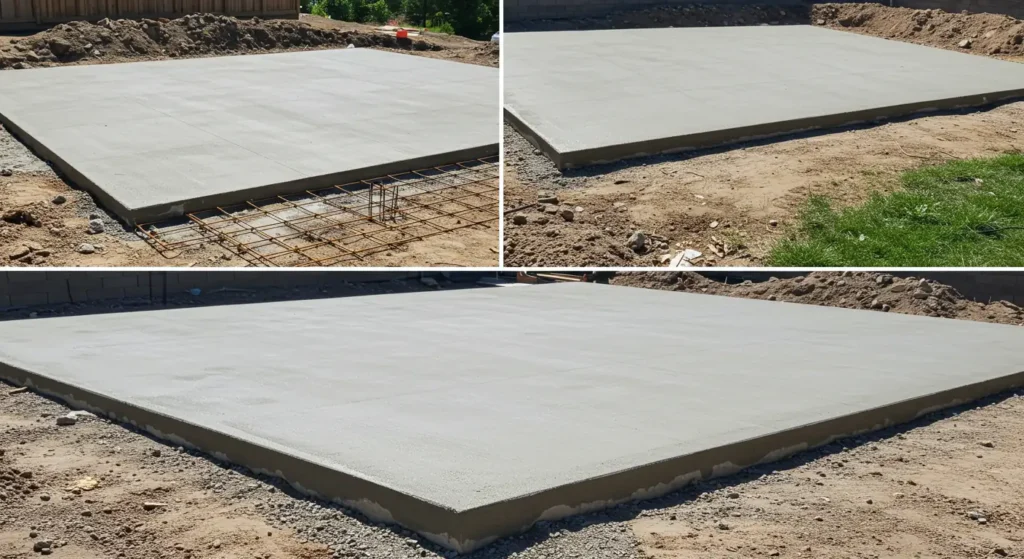 A triptych showing different angles of a newly poured concrete slab, with one image revealing the rebar reinforcement beneath the surface, all surrounded by dirt and some grass.