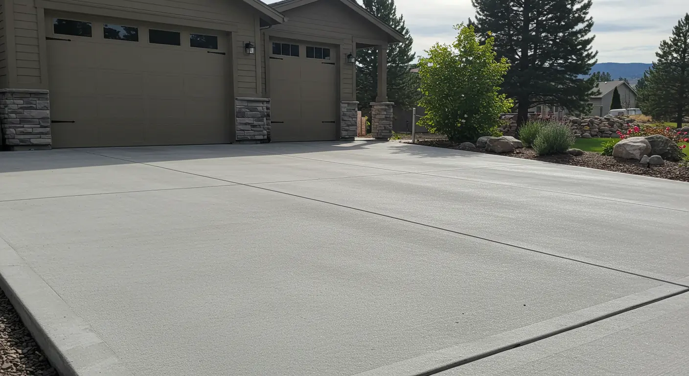 A freshly installed, light gray concrete driveway stretches wide in front of a two-car garage with taupe doors and stone pillars, set against a backdrop of trees and a distant mountainous landscape.