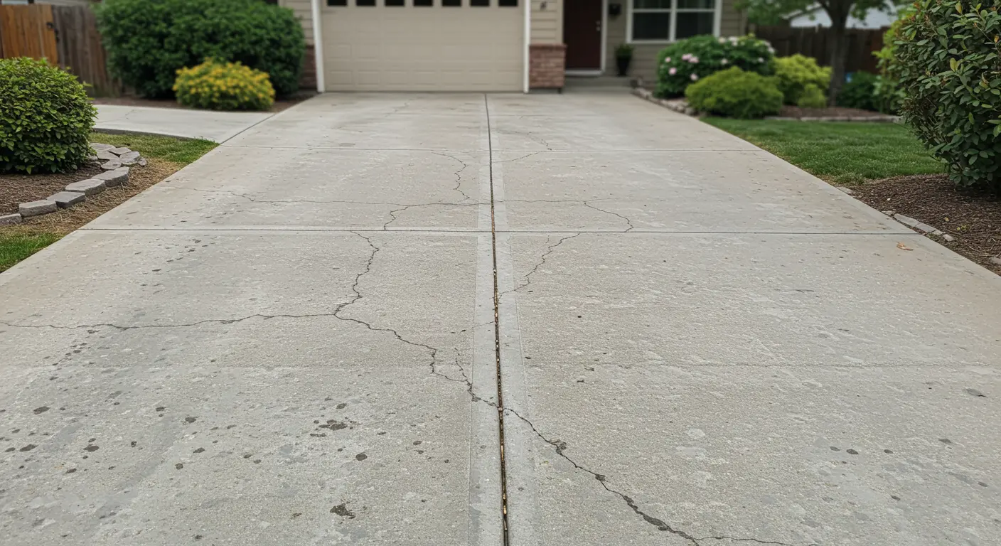 A concrete driveway shows visible cracks and wear, leading up to a beige garage door and a residential house.