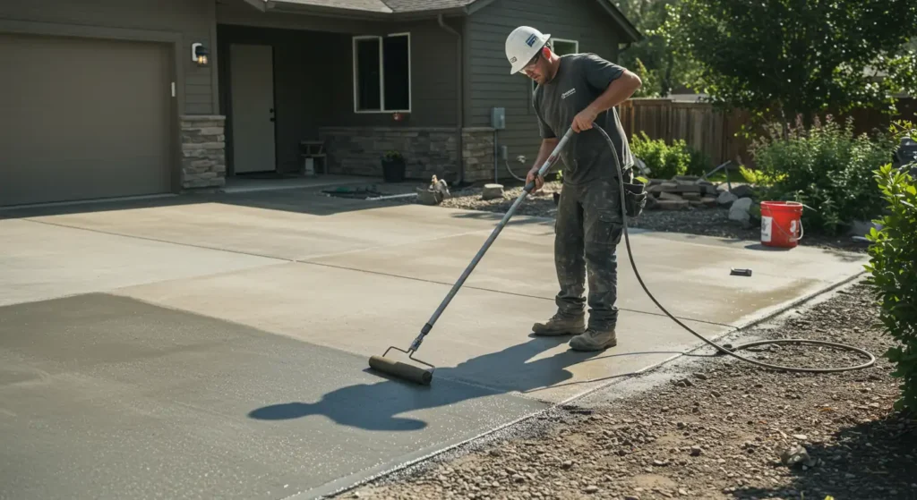 A concrete worker in a hard hat and work clothes uses a long-handled roller to apply a sealant to a concrete driveway, leaving a darker, damp path behind the roller.